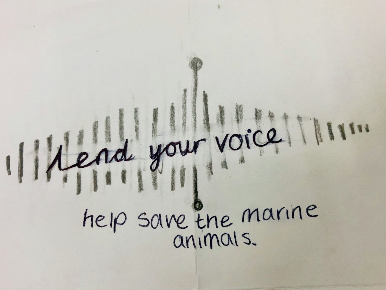 Teenager has written on white paper 'lend your voice, help save the marine animals'