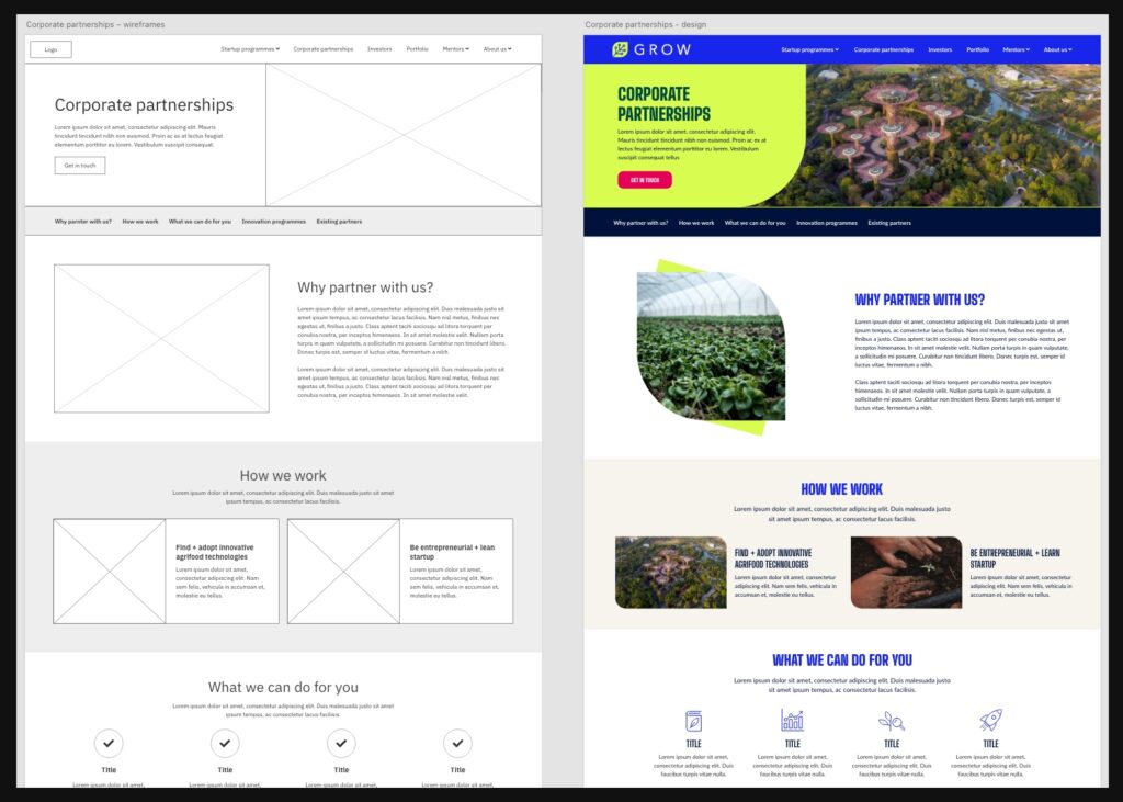 Screenshot showing a wireframed page alongside the final design prototype