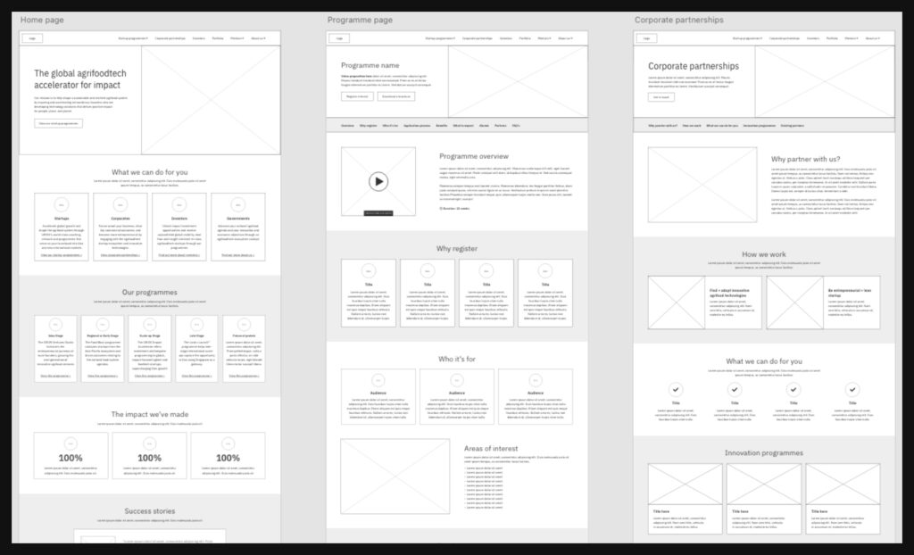 Screenshot of a wireframe showing complete web pages