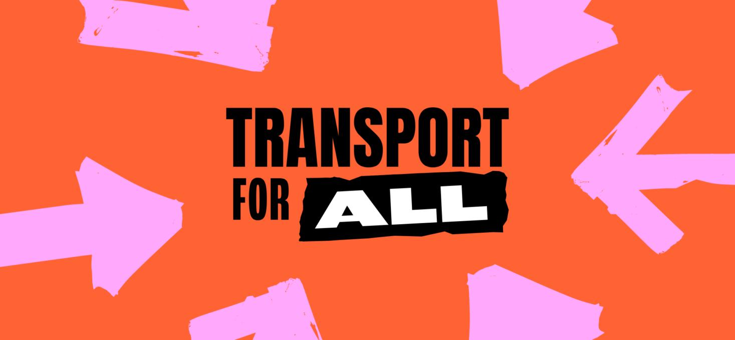 Transport For all charity brand logo surrounded by pink arrows