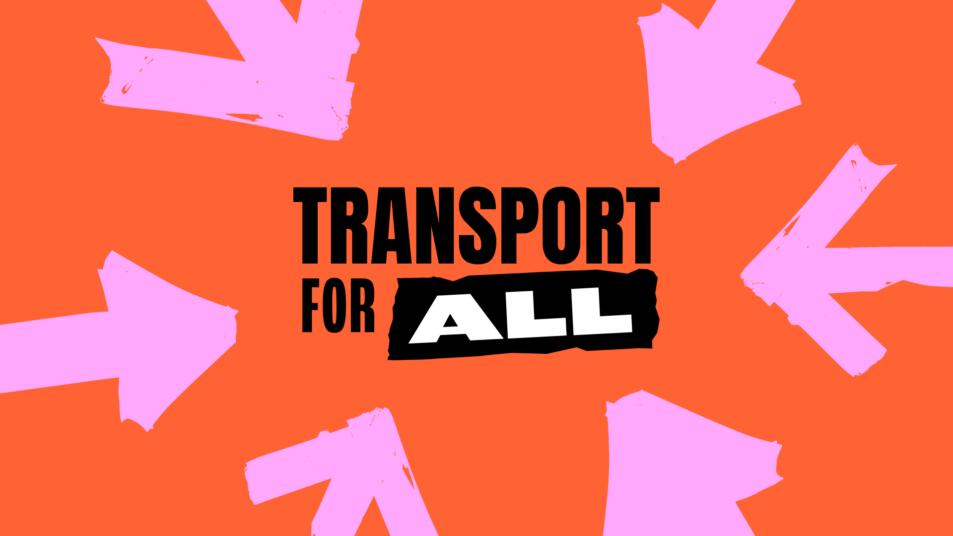 Transport For all charity brand logo surrounded by pink arrows, created by charity design agency Studio Republic