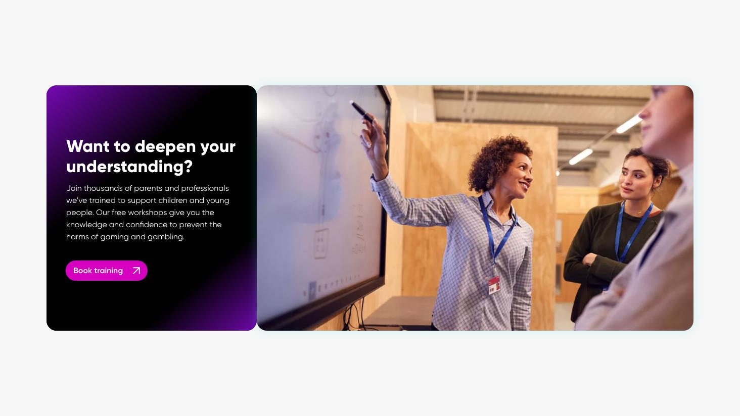 Image for An example of a call to action module, containing text and imagery of a woman pointing to a whiteboard.