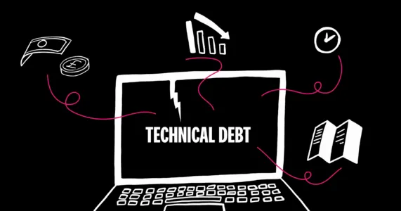 Abstract illustration of a laptop and icons representing technical debt
